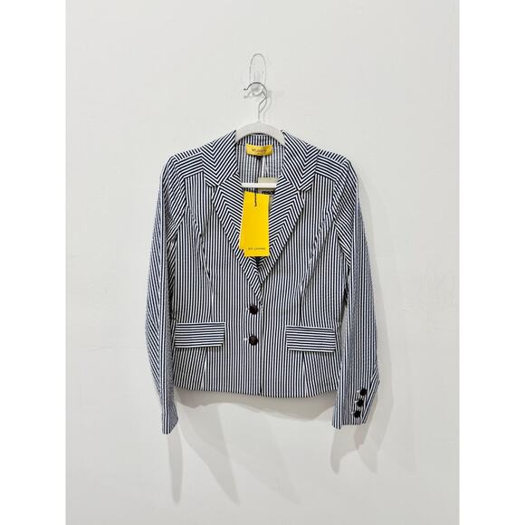 NWT St. John Seersucker Striped Single Breasted Blazer Midnight White Women's 4 - Picture 1 of 4
